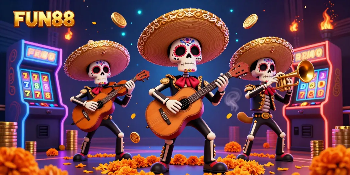 Experience the excitement of FUN88 with vibrant mariachi skeletons amidst colorful casino elements.
