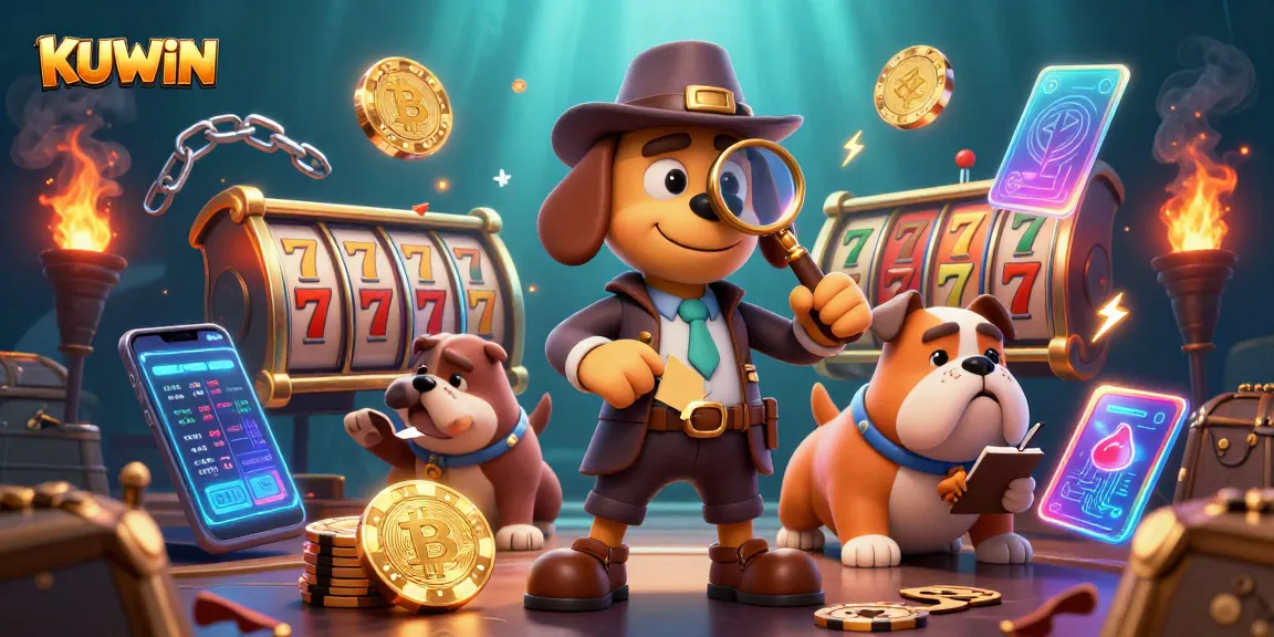 Engage in slots at KUWIN with a detective tracing poker chips alongside crypto elements.