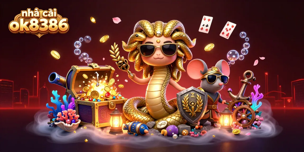 Experience the excitement of nhà cái ok8386 with a vibrant 3D casino scene featuring unique characters and game elements.