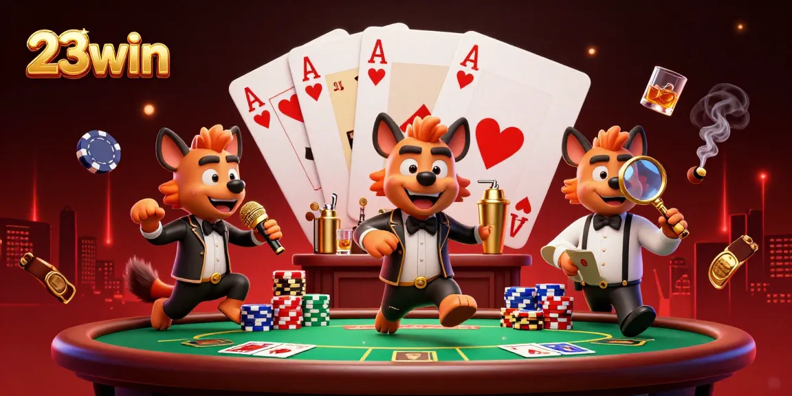 Engage with the vibrant 23win casino scene featuring hyenas in action with poker elements.