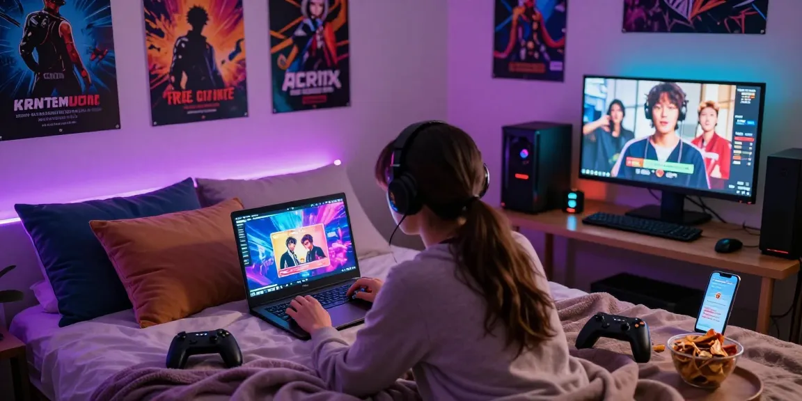 Person enjoying free hentai games in a cozy bedroom setup, surrounded by gaming decor and ambient lights.