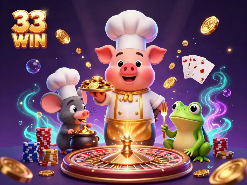 Experience the excitement of 33 WIN with vibrant casino illustration showcasing characters and gold coins.