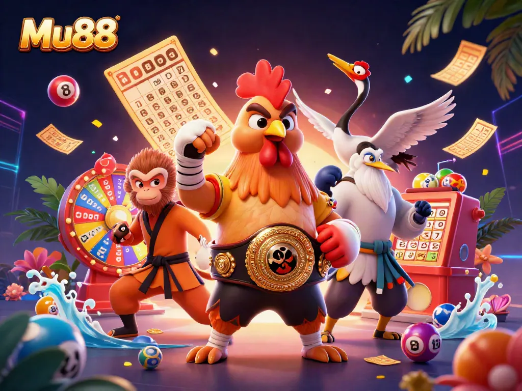 Experience exciting gambling at Mu88 with vibrant characters and dynamic lottery elements.