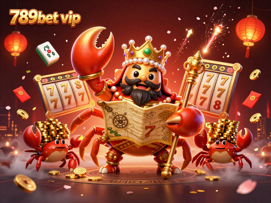 Spin the reels with 789bet vip, a luxury gaming adventure featuring a golden crab emperor amidst vibrant casino elements.