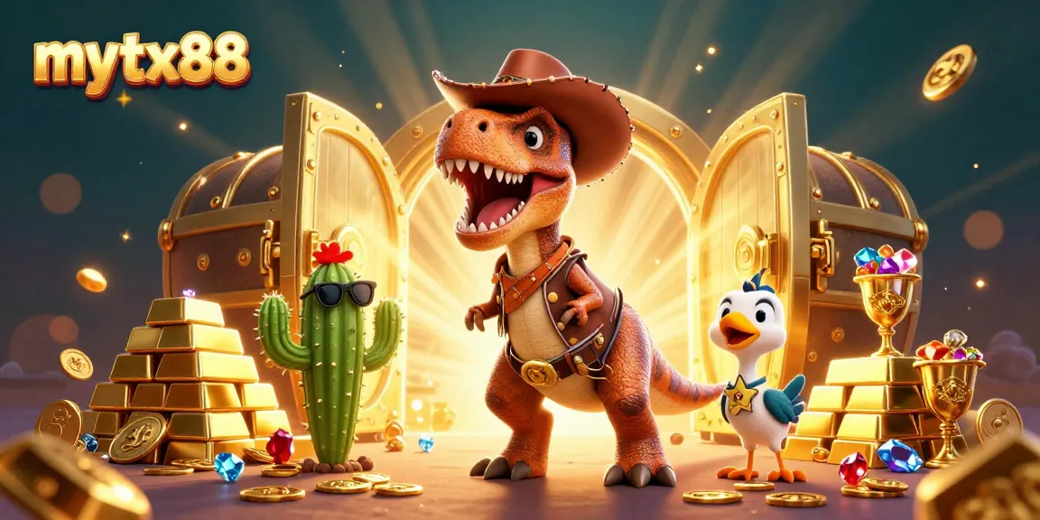 Engage with mytx88's vibrant 3D casino scene featuring interactive characters and magical gold treasures.