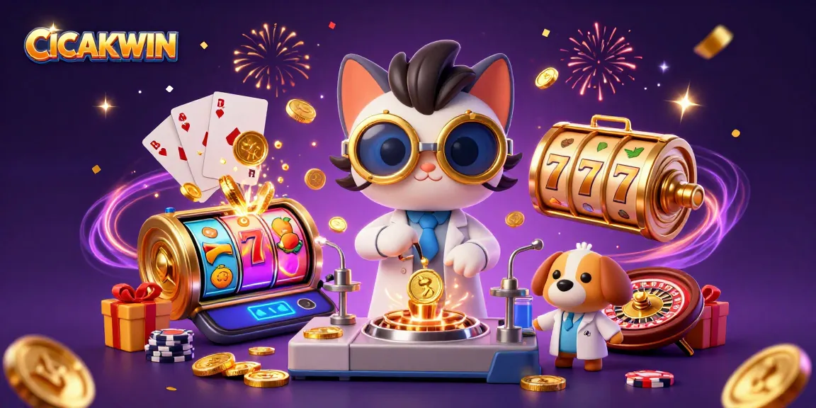 CICAKWIN showcases a thrilling moment with a mad scientist cat and loyal dog amidst dynamic slot game elements.