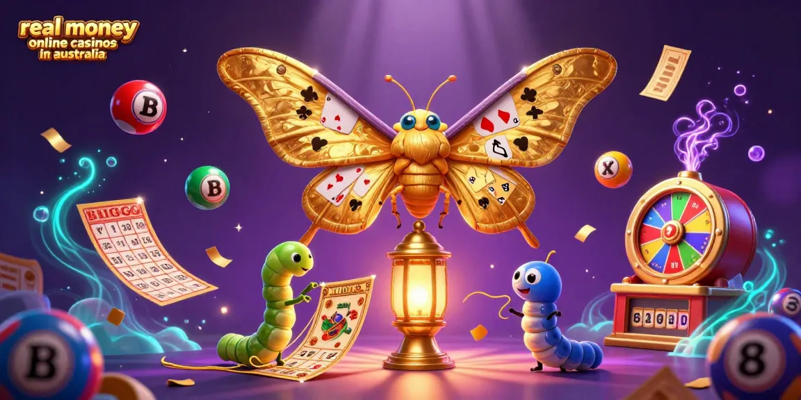 Engage with real money online casinos in australia through this vibrant 3D illustration showcasing playful lottery elements and a majestic moth theme.