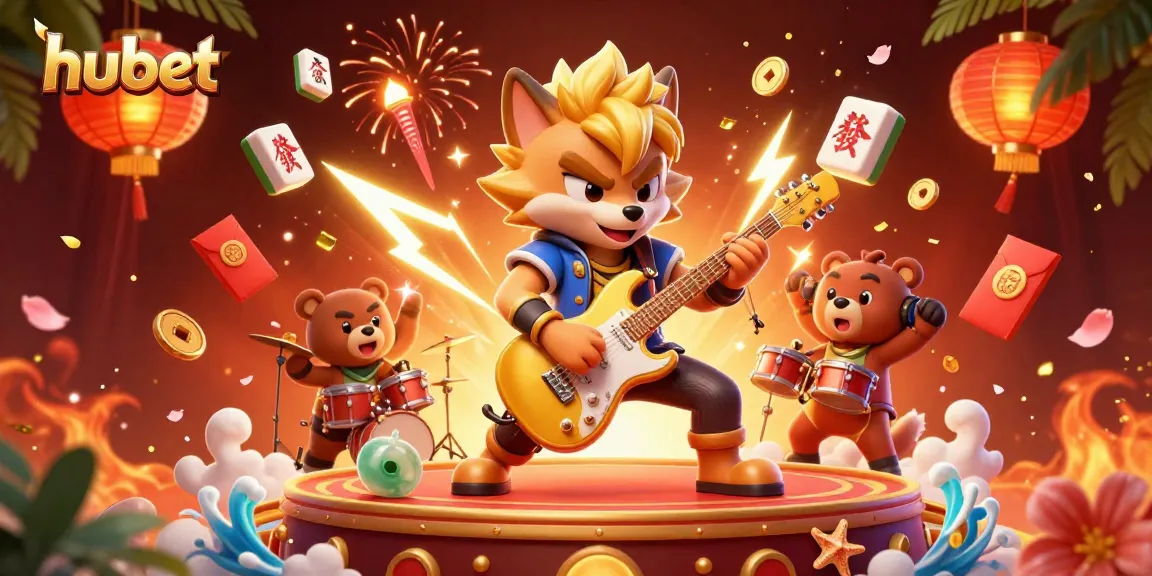 Experience the thrill of hubet as a rock star wolf electrifies the casino stage with golden props and vibrant decorations.
