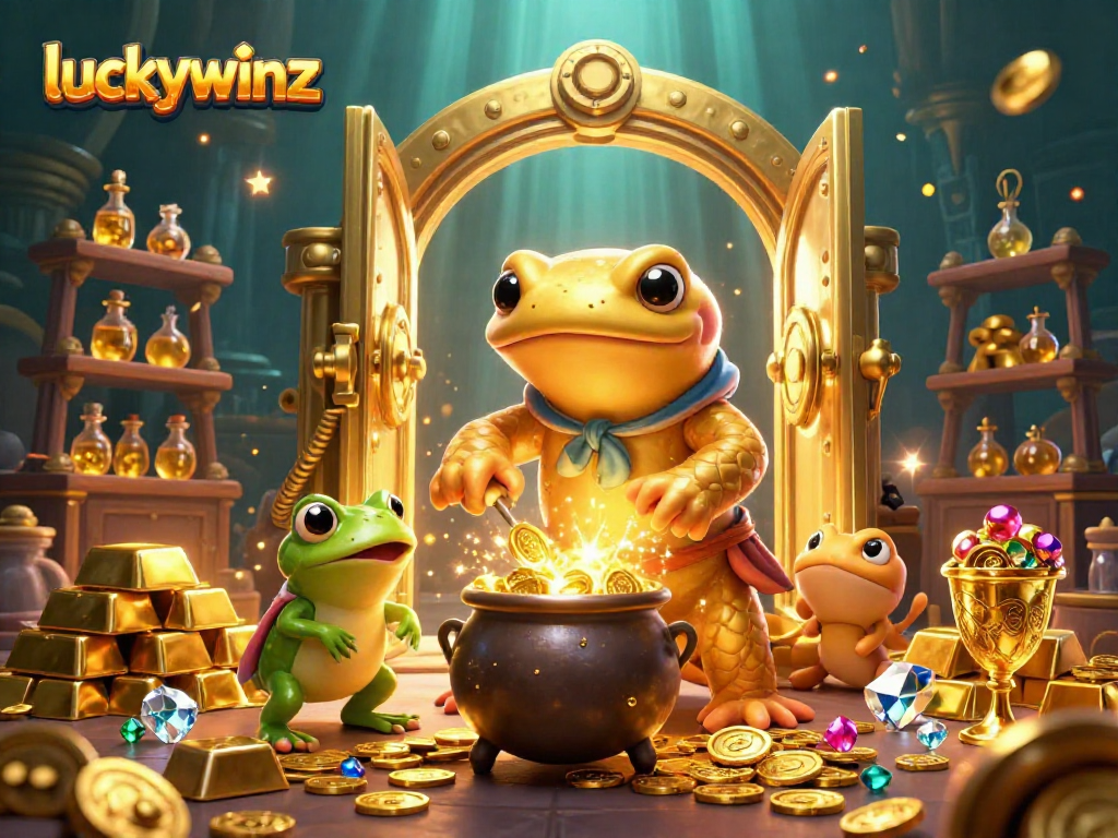 Exciting luckywinz casino scene with a golden salamander alchemist creating golden coins in a magical lab.