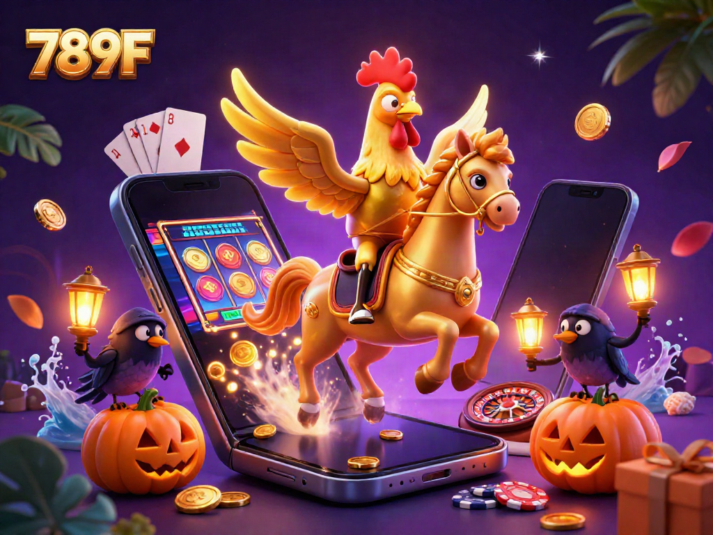 Engage with thrilling casino adventures at 789F featuring a golden rooster on a spectral horse amidst vibrant game elements.