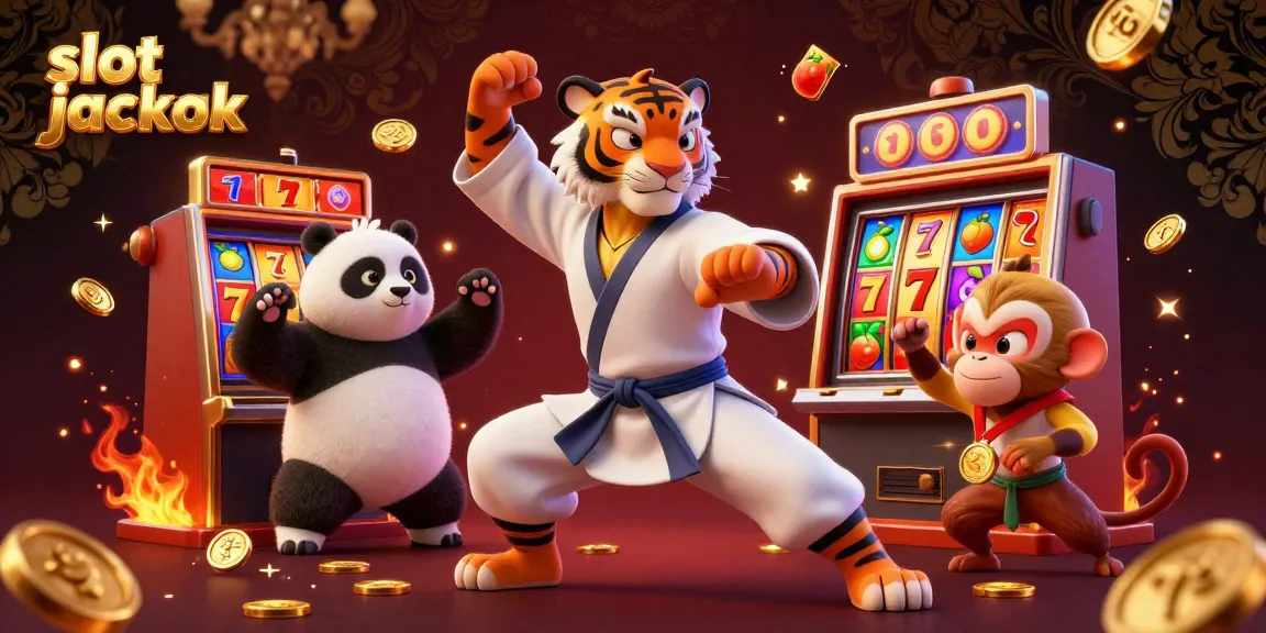 Spin the slot jackpot reels with a kung fu tiger master, panda, and monkey in this action-packed casino scene.