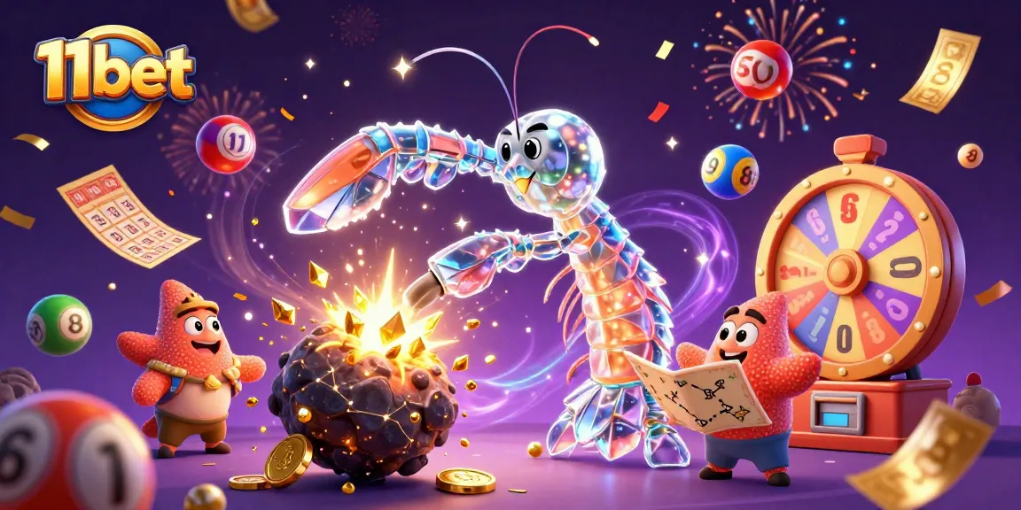 Engage with 11bet's vibrant lottery scene showcasing a galactic mantis shrimp amidst colorful lottery elements.