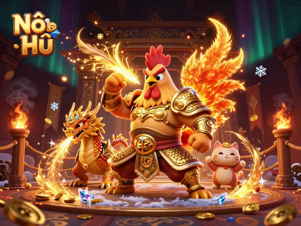 Engage with Nổ Hũ in a vibrant 3D casino scene featuring a rooster warrior and dragon, amidst swirling gold and sparks.