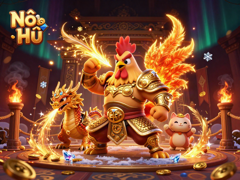 Engage with Nổ Hũ in a vibrant 3D casino scene featuring a rooster warrior and dragon, amidst swirling gold and sparks.