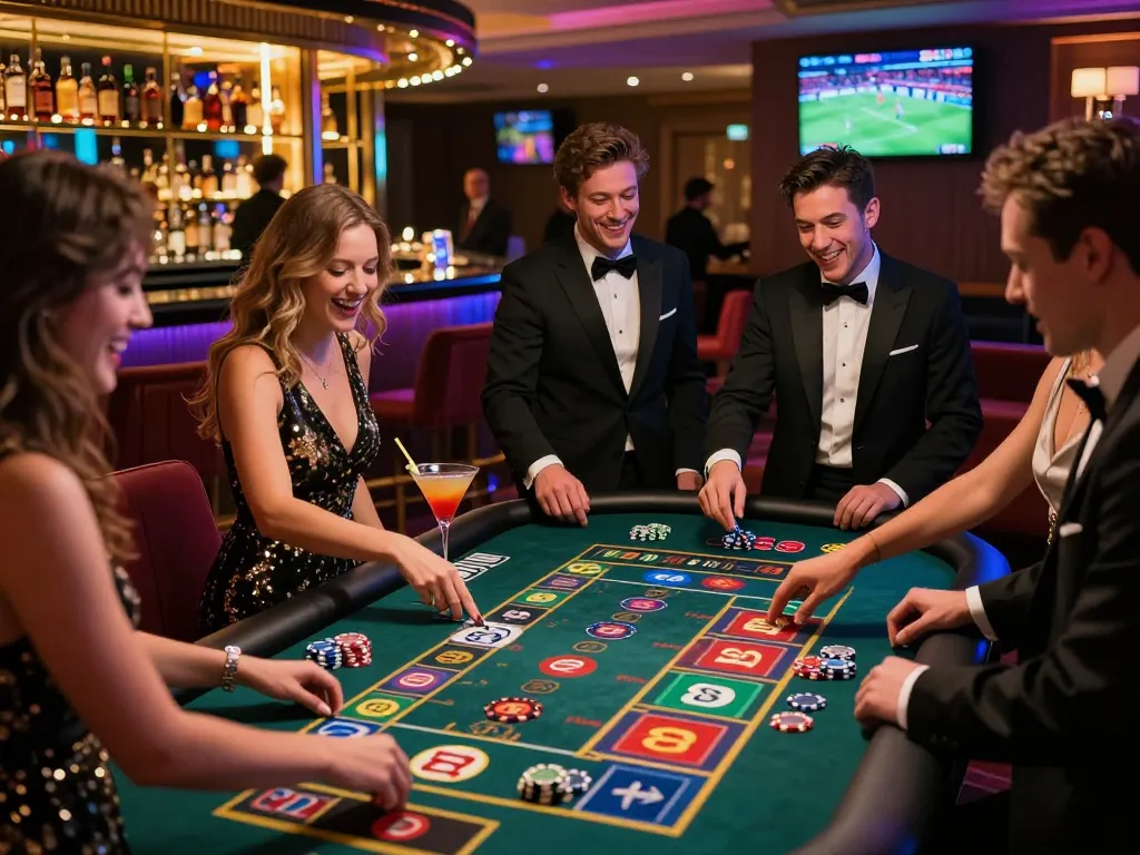 Friends enjoying gaming tables at MM88 casino, vibrant atmosphere.