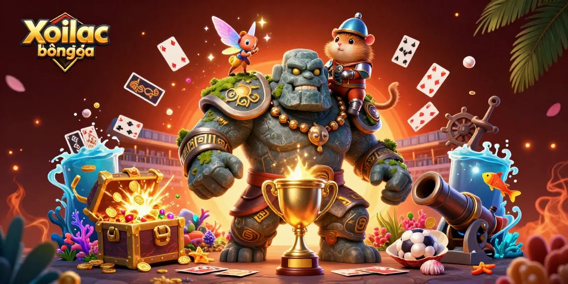 Xoilac bóng đá sports betting scene with stone guardian, fairy magic, and hamster knight.