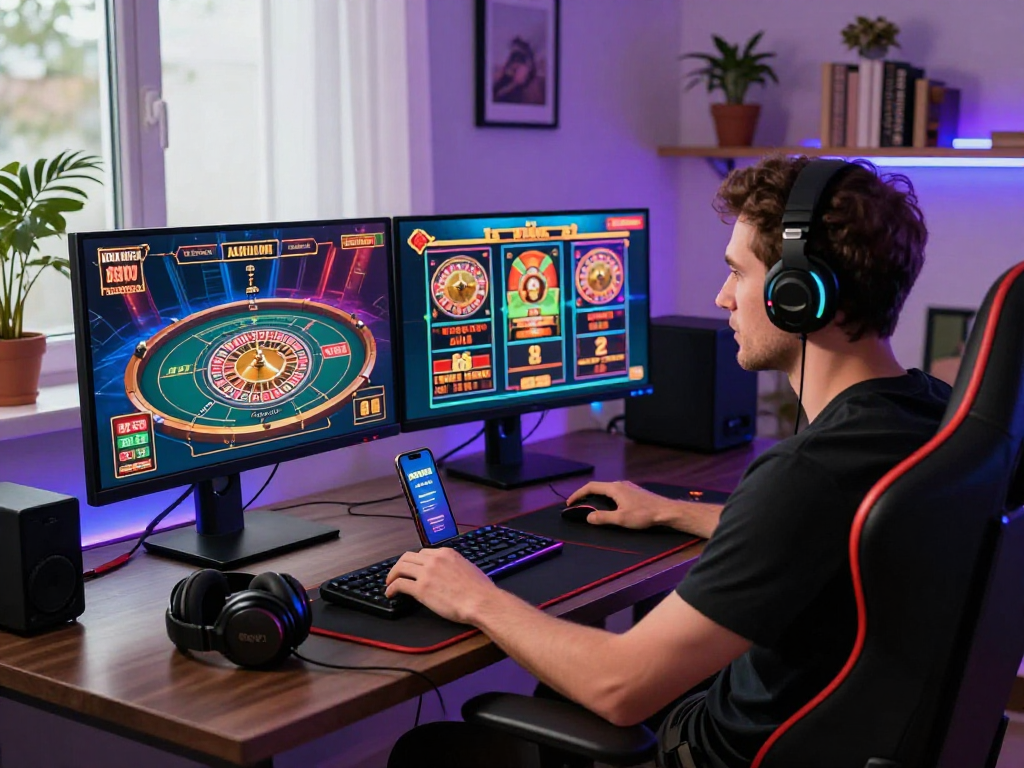 Engaging online casino gaming setup featuring rokok88 link alternatif on multiple screens.