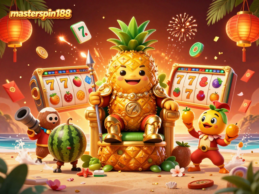 Engage in the ultimate casino fun with masterspin188's vibrant 3D golden pineapple king illustration.