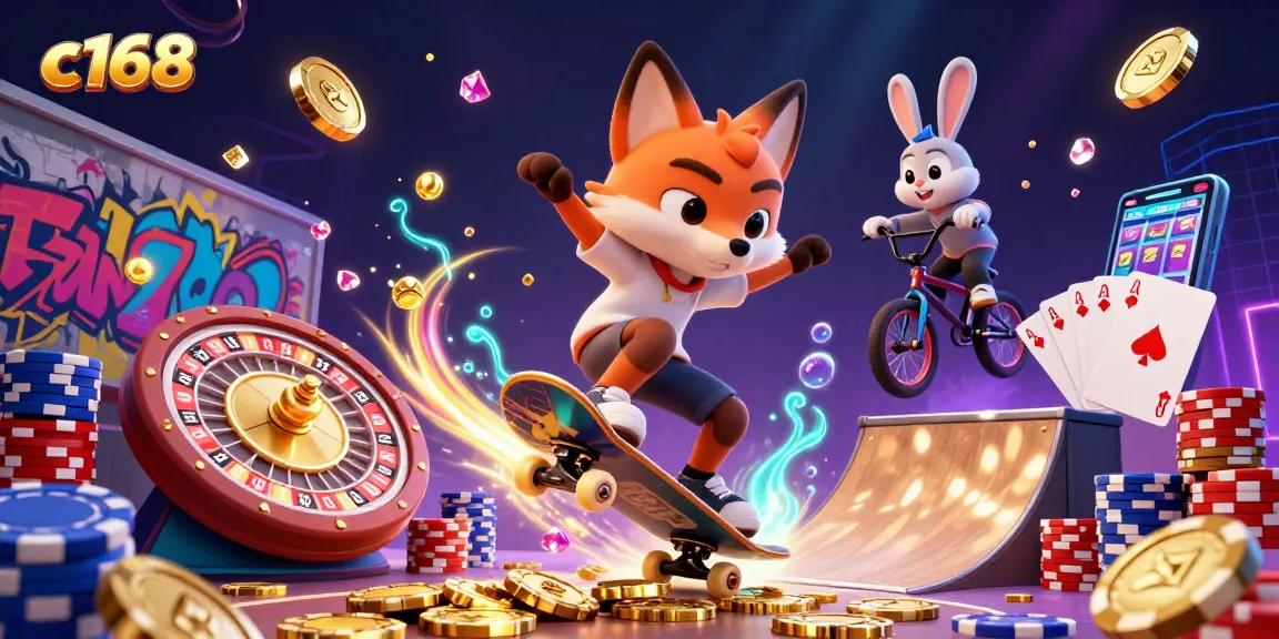 c168 showcases vibrant casino action with cascading coins and cartoon characters in a surreal setting.