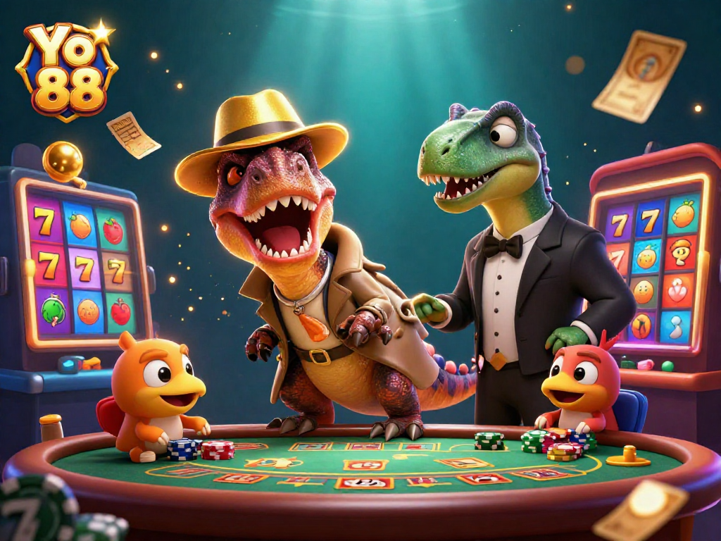 Yo 88 showcases a vibrant casino scene with a velociraptor card counter and exciting game elements.