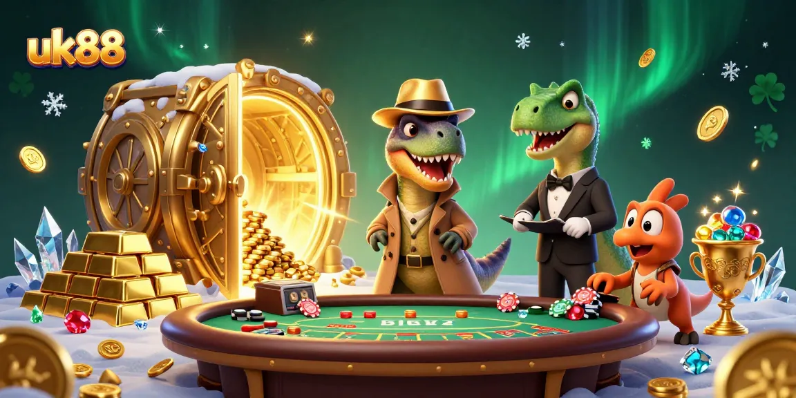 Experience thrilling gameplay at uk88 with velociraptor card counter and treasure elements in casino scene