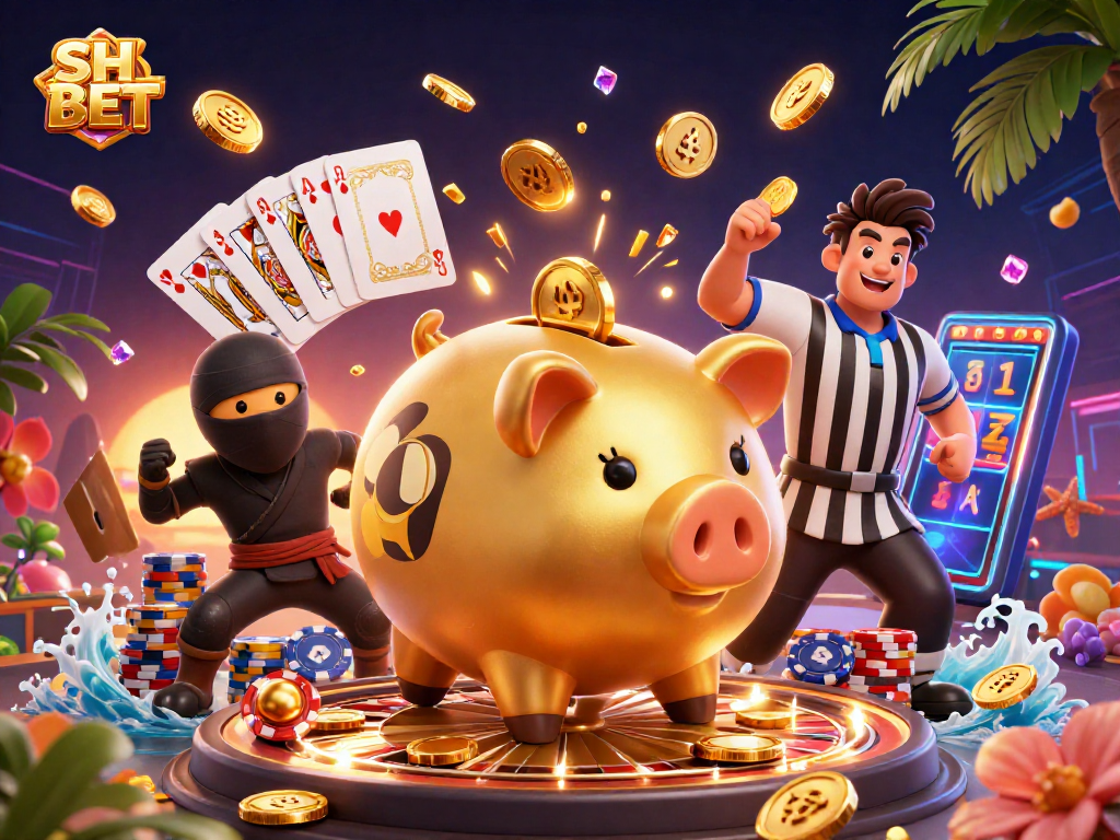 Engage in thrilling wins with SH BET as a golden piggy bank sumo wrestles for coins among dynamic casino elements.