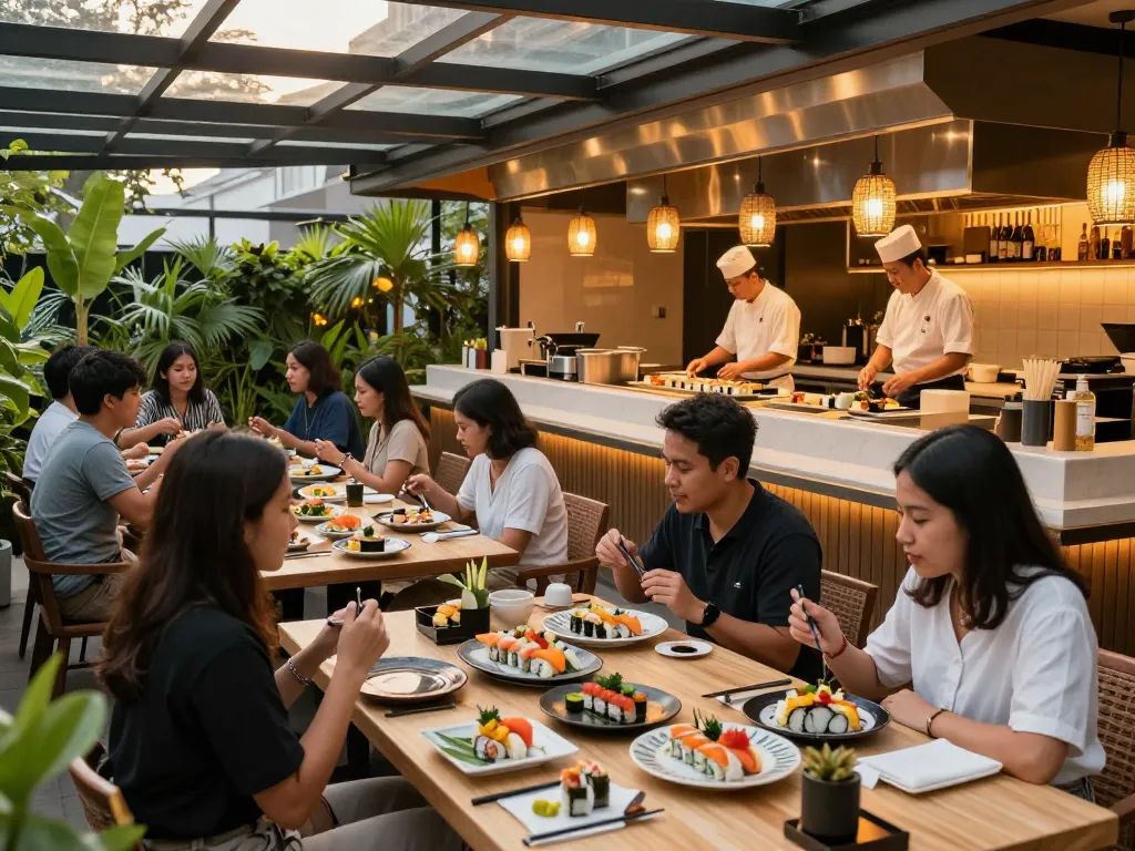 Nikmati sushi di ROKOK88, restoran luar ruangan yang semarak di Jakarta dengan pencahayaan malam yang hangat.