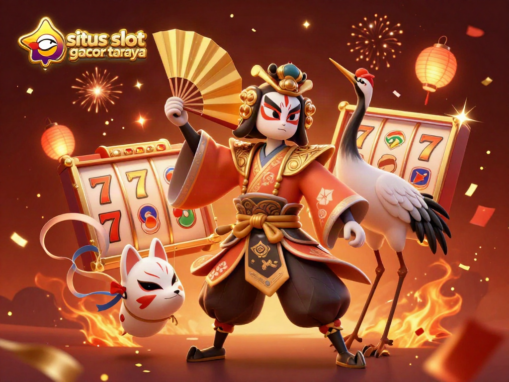 This vibrant illustration showcases a kabuki warrior and kitsune mask, encapsulating the excitement of situs slot gacor terpercaya.