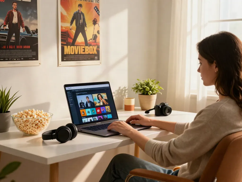 Engaging home office environment showcasing moviebox app pc on a laptop with inviting decor elements.