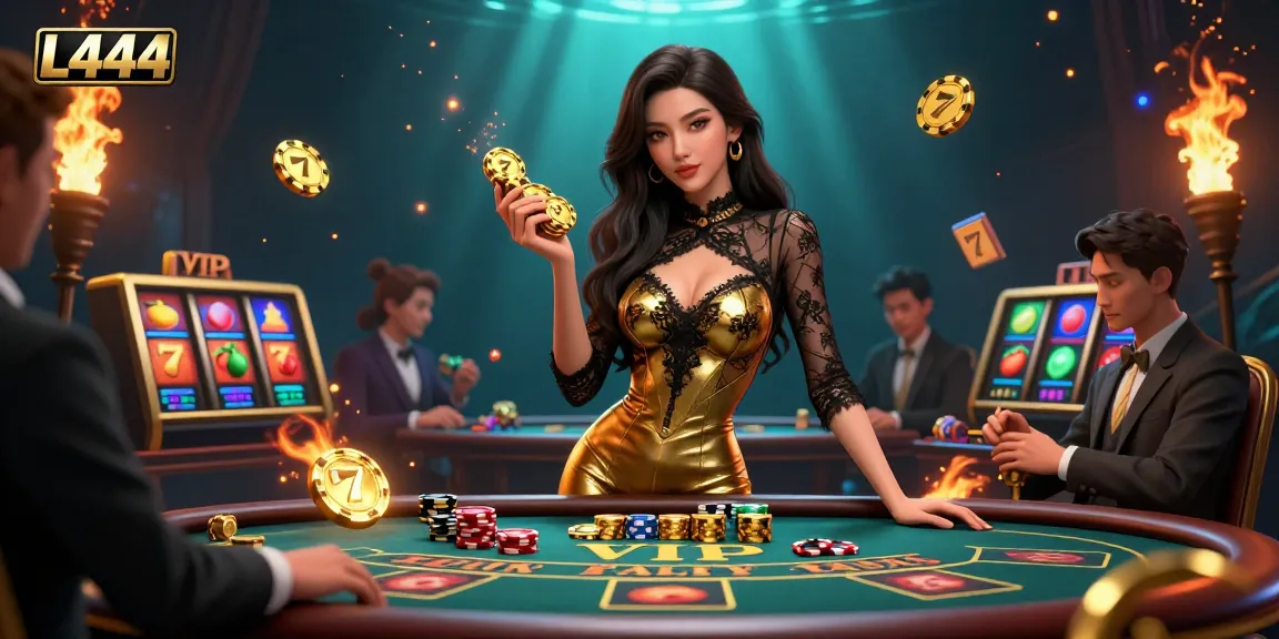 Engage with L444 casino excitement as players enjoy VIP baccarat with vibrant slot symbols.