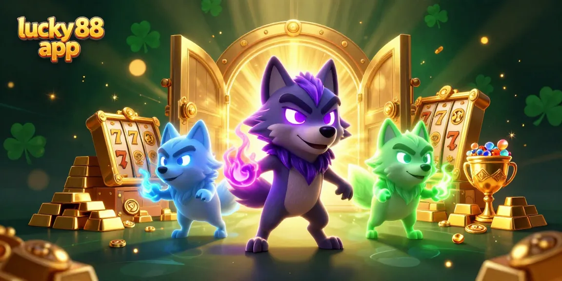 Play the exciting lucky 88 app with mystical wolves and a treasure-filled casino scene.