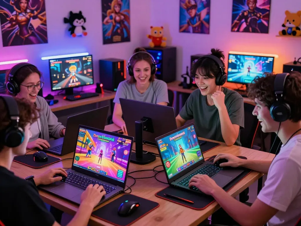 Adults playing interactive game sex experiences on laptops and tablets in a colorful and inviting gaming atmosphere.