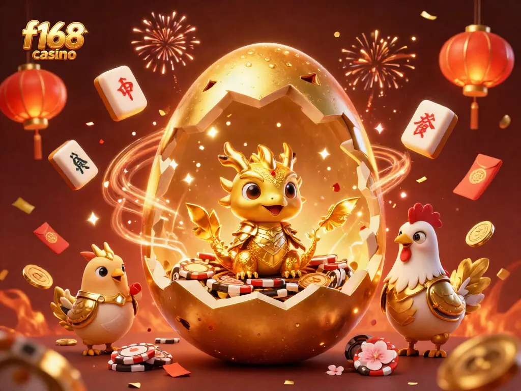 Experience exciting games at f168 casino with a golden dragon and poker chips amidst celebratory themes.
