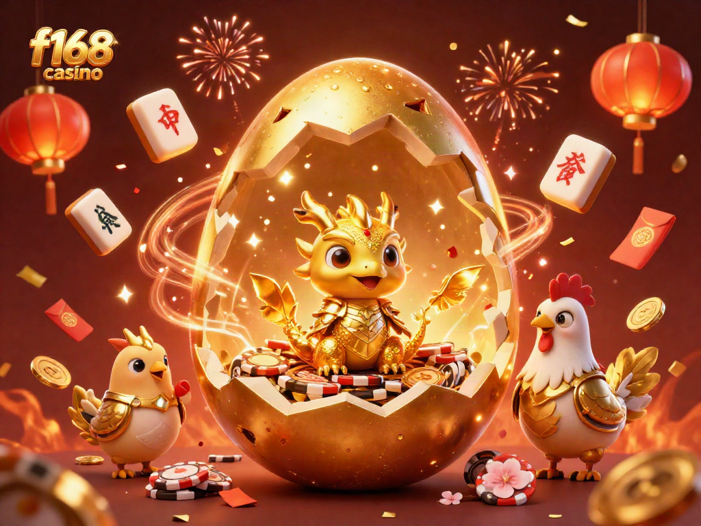 Experience exciting games at f168 casino with a golden dragon and poker chips amidst celebratory themes.
