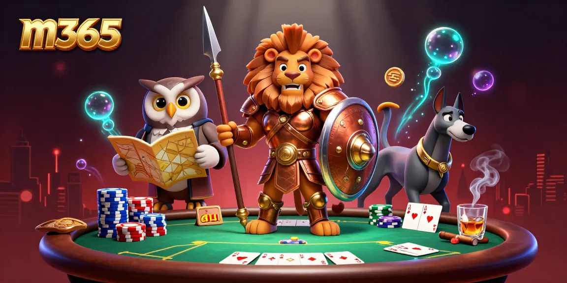 Experience thrilling gameplay with m365 at the casino featuring a lion, owl, and greyhound in a vibrant poker scene.