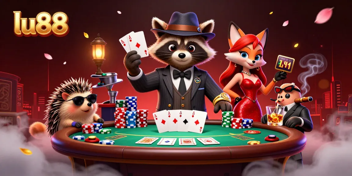 Experience the thrill at lu88's table with a raccoon holding a royal flush, showcasing poker excitement.