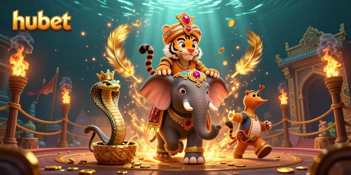 Experience thrilling gaming at hubet with a vibrant 3D casino illustration featuring a royal tiger, elephant, and cobra.