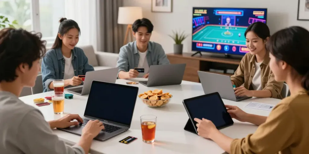 Diverse players enjoying credit card casinos in a stylish living room, engaging with multiple devices and games.