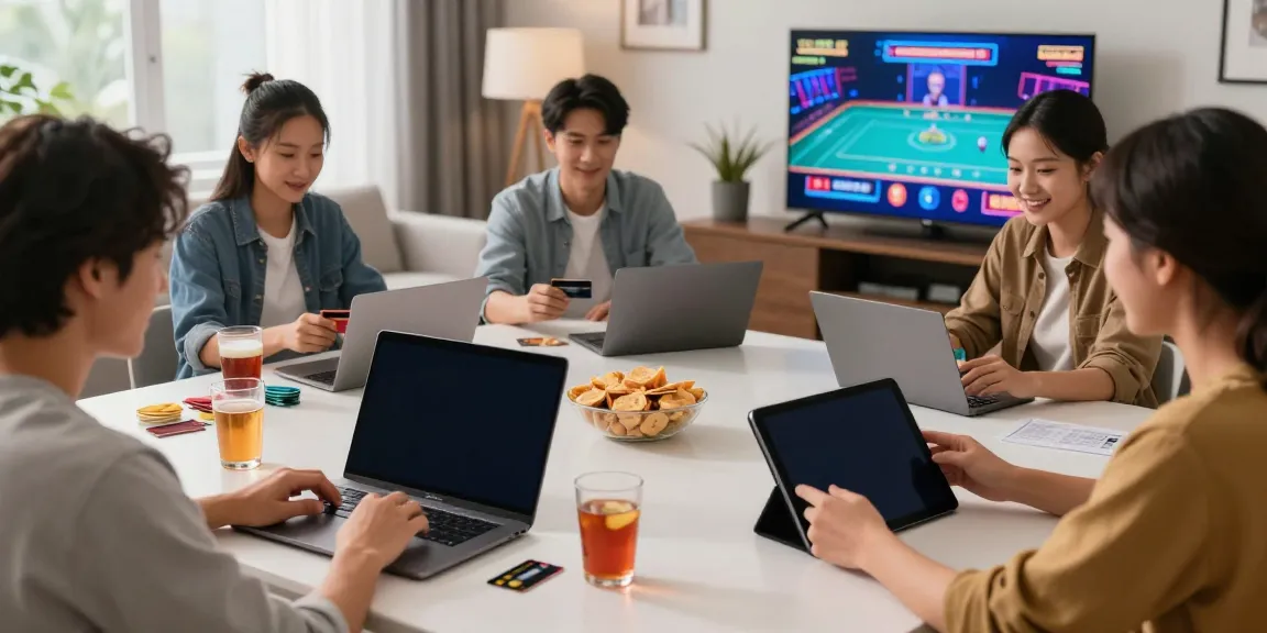 Diverse players enjoying credit card casinos in a stylish living room, engaging with multiple devices and games.
