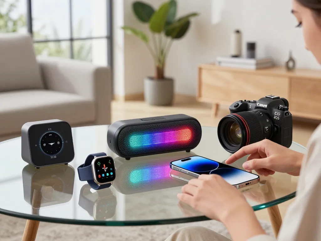 Showcasing the latest tech gadgets 2038, a smartwatch, Bluetooth speaker, and smartphone in a modern living room setting.