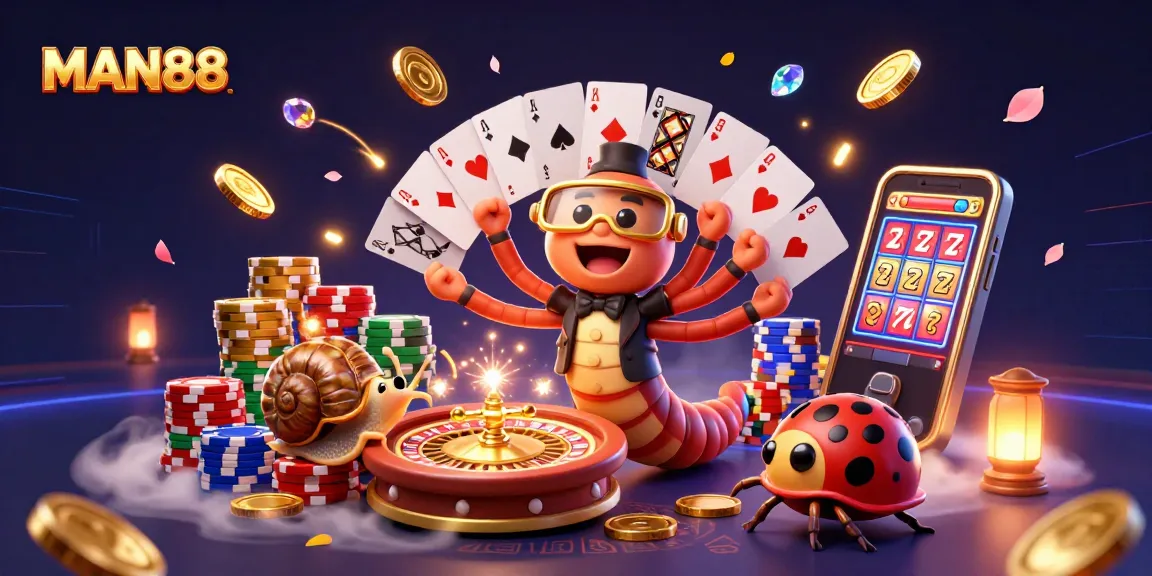 Engage with MAN88's lively casino experience featuring cartoon characters, playing cards, and vibrant game elements.