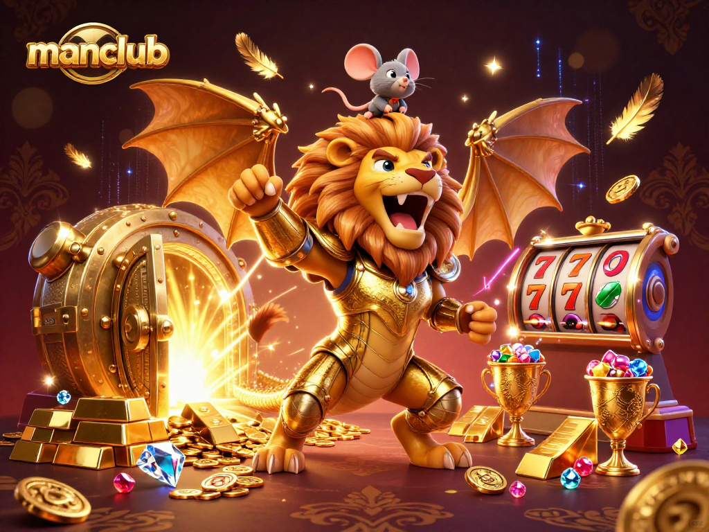 Experience thrilling slot action with manclub's golden chimera and treasures in a dazzling casino scene.