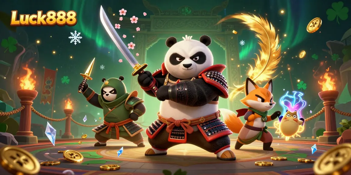 Engage with Luck888's vibrant casino scene, featuring a samurai panda and ninja fox in dazzling action.