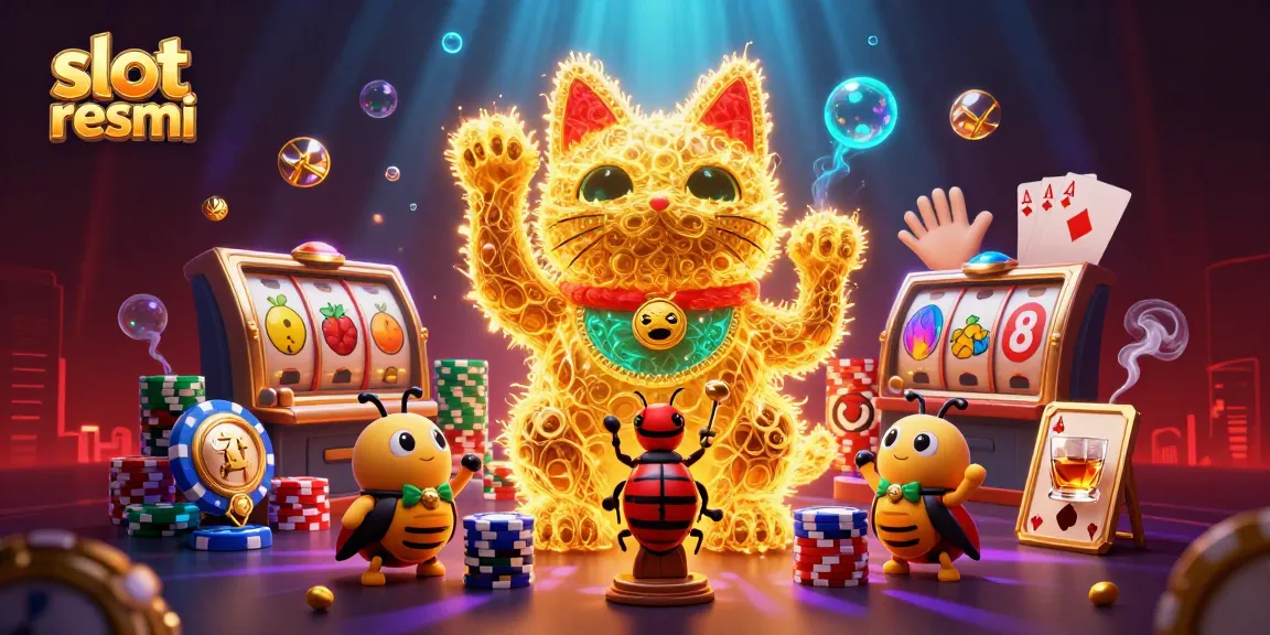 Engage with slot resmi through vibrant slot symbols and a lucky cat in dynamic casino illustration.