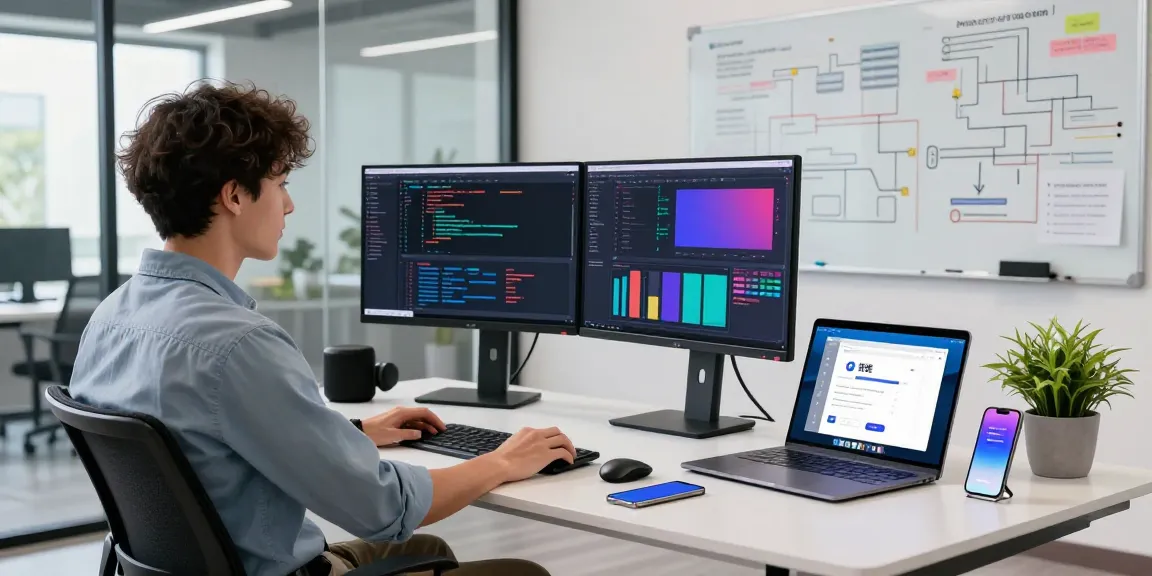 快连 application interface visible on a developer's desk in a modern tech workspace, showcasing vibrant coding and analytics.