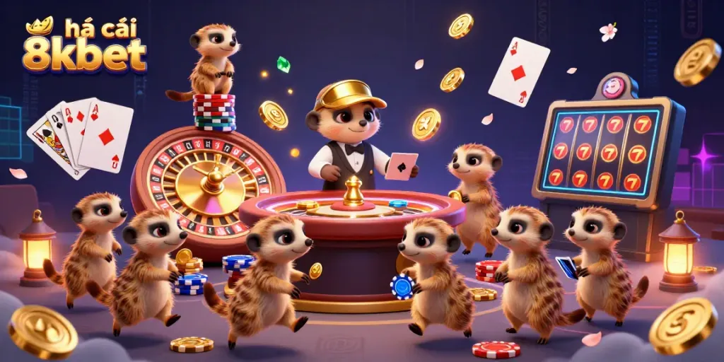 Engage in exciting gameplay at nhà cái 8kbet with lively meerkats in a dynamic casino scene filled with vibrant elements.