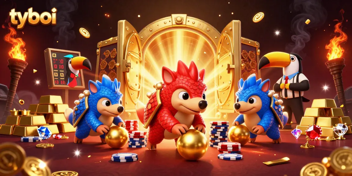 Engaging tyboi casino scene with pangolins competing in a game surrounded by riches and exciting elements.