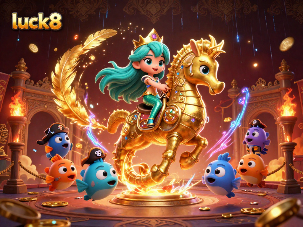 Experience luck8's vibrant underwater adventure with a mermaid and seahorse, surrounded by playful sea creatures.