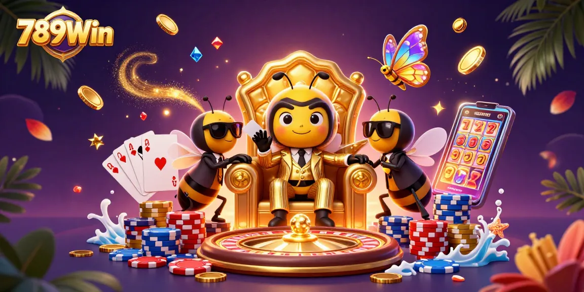 Experience thrilling gaming action at 789Win with the vibrant 3D casino scene featuring colorful slot reels and dynamic characters.