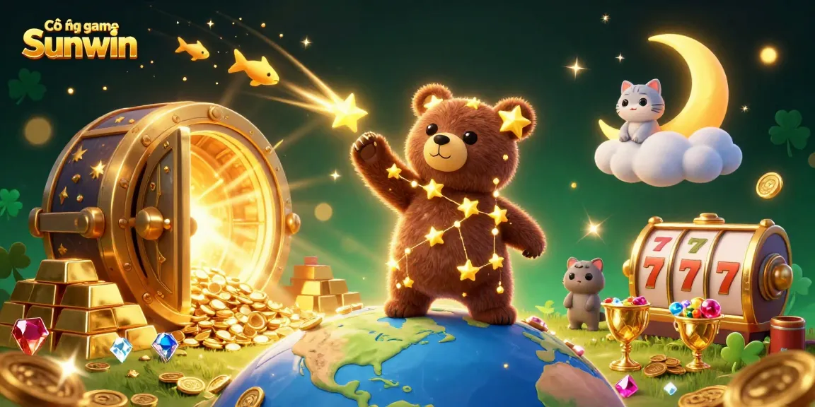 Cổng game Sunwin offers a dazzling scene with golden treasures, playful characters, and gaming elements.